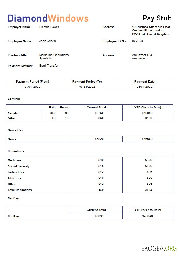 modèle de paie pour une entreprise de construction de fenêtres et de portes aux formats Word et PDF